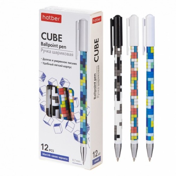 Ручка шариковая ХАТБЕР "CUBES". 0,7 мм. масл. основа, ассорти, синяя (1/12) (070235)