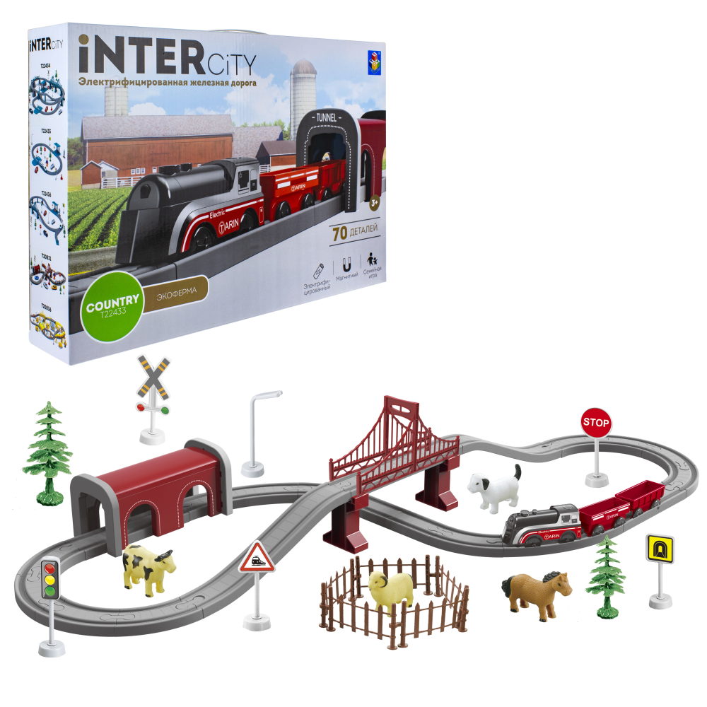 1TOY InterCity Country наб.ж.д."Экоферма"эл.поезд 3ваг.,мост,туннель, дом.жив., дор.знаки,70 дет. 