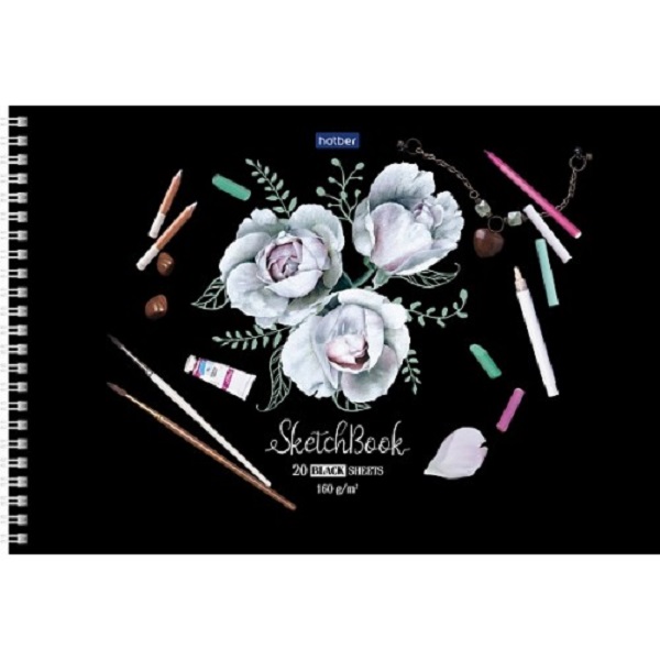 Скетчбук для рисования ХАТБЕР А4 20 листов PREMIUM "НЕЖНЫЕ ЦВЕТЫ" 160г/м спираль.ч/б (064745)