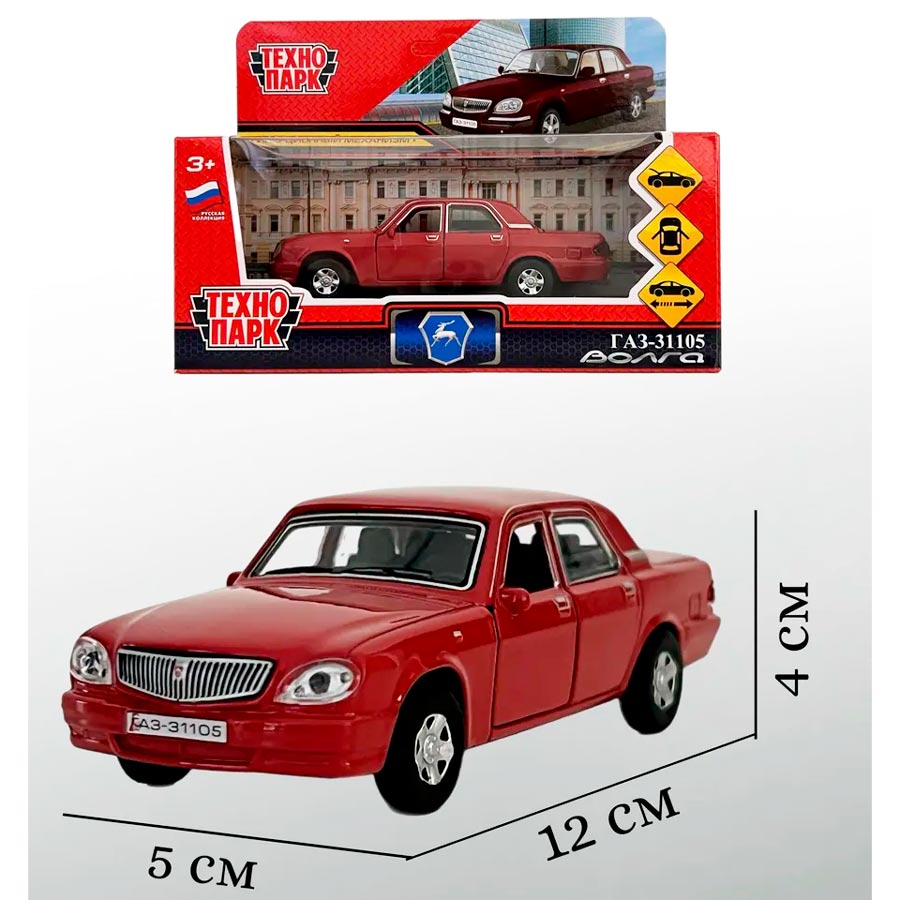 Машина металл ГАЗ -31105 "волга" 12 см, откр дв,багаж,инерц,красный,кор. Технопарк в кор.2*36шт