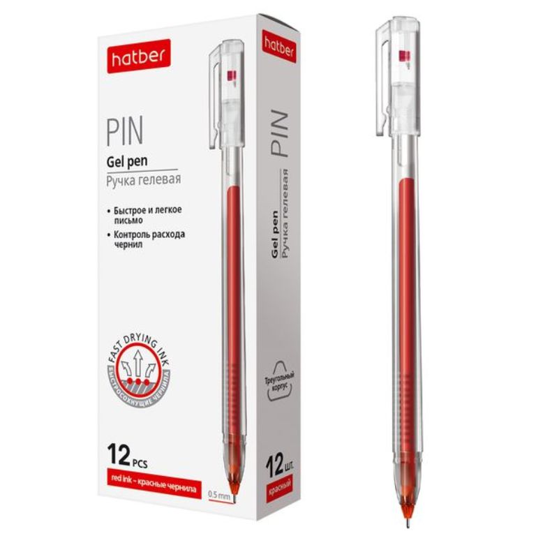 Ручка гелевая HATBER "PIN " 0,5мм, 12шт, трехгран корп, красная (GP_064533) (064533)