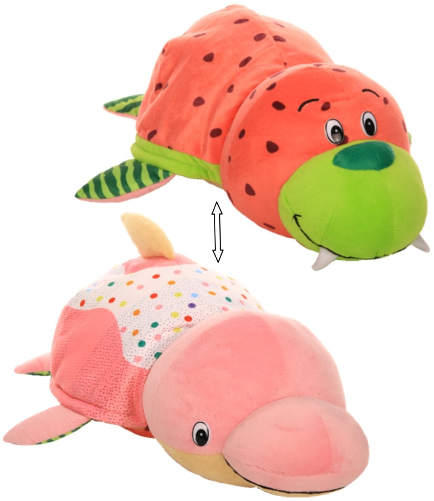 1TOY Вывернушка Ням-Ням 2-в-1 40 см., плюш. Морж с ароматом арбуза-Дельфин с ароматом пончика с конд