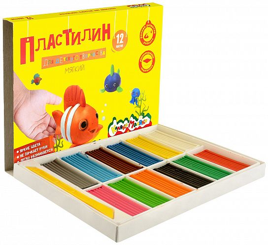 Пластилин КАЛЯКА-МАЛЯКА, 12 цв., 180,00 г, стек (20) (ПКМ12-П) (105290)