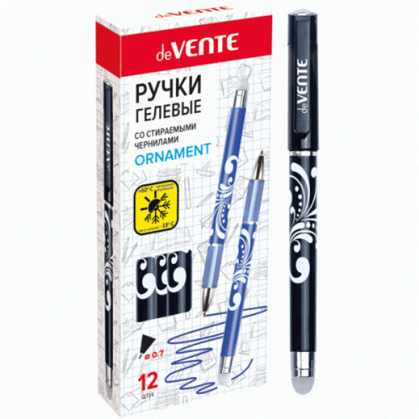 Ручка гелевая  deVENTE "ОРНАМЕНТ", пиши-стирай, 0,7мм, полупрозр. корпус, ластик, черная (5051843)