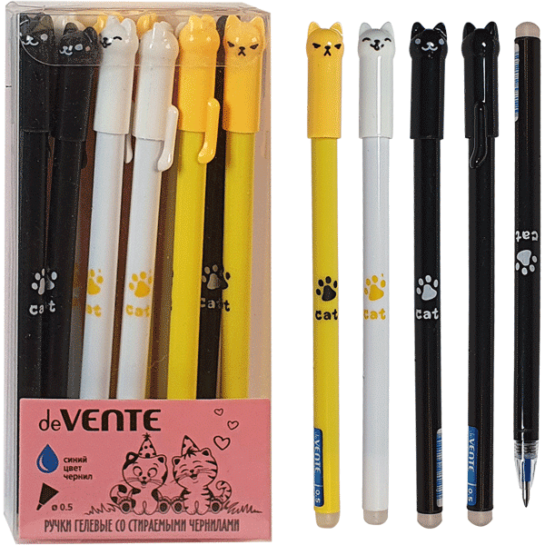 Гелевая ручка пиши-стирай deVENTE "GLAD CAT" 0,5 мм. смен.стержень, ассорти, синяя (5051023)