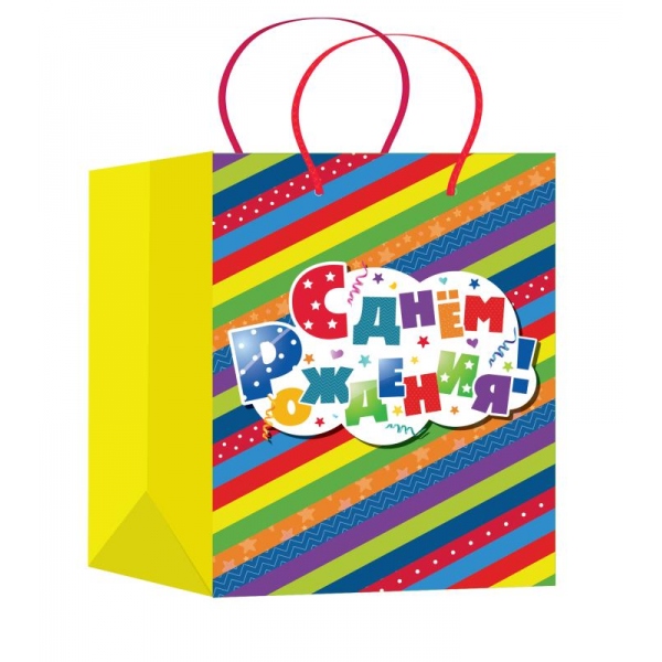 Пакет подарочный МАТОВЫЙ l,день рождения, полосы,140 гр/м2 ЧУДО ПРАЗДНИК в кор.10*12шт