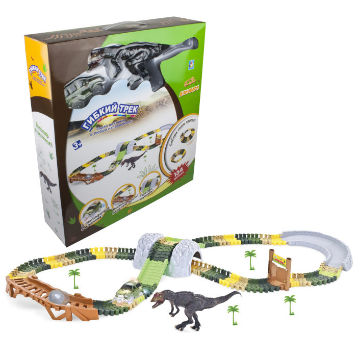 1toy гибкий трек "Динопарк" 132 дет, туннель, ворота, мост, шарик, 1 бол. динозавр, 1 маш. с 5 ламп.