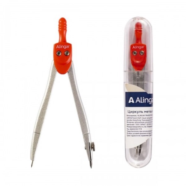 Циркуль ALINGAR, металлический 115 мм, грифель, пластиковый футляр, красный (AL323)