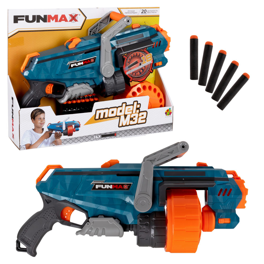 1toy Funmax "M32" бластер механич., барабан на 18 выстрелов, в компл. 24 EVA снаряда 