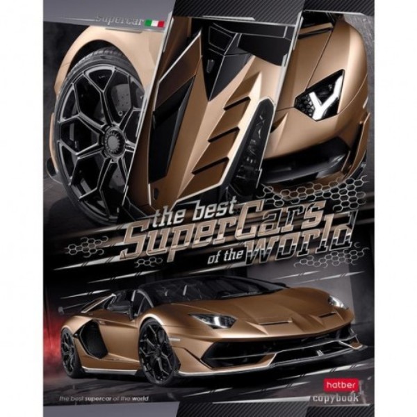 Тетрадь А5 48 л. клетка ХАТБЕР "SUPER CARS WORLD", мат.ламин., 3D фольга, скоба, 5 диз. в блоке (48Т