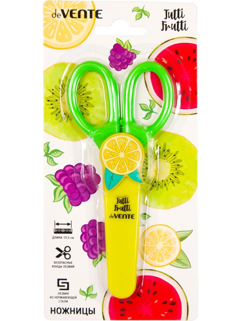 Ножницы детские "deVENTE. Tutti-Frutti. Lemon" 13,5 см, пластиковые кольца, защ футляр 8010021