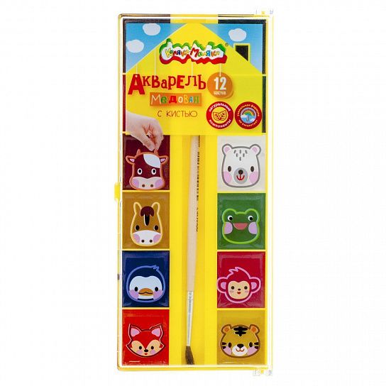 Краски Акварель КАЛЯКА-МАЛЯКА, 12 цв., с кисточкой,  пл. уп. (АМККМ12КД) (220068)