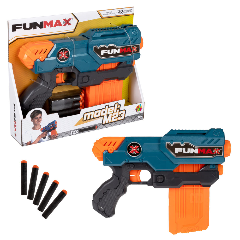 1toy Funmax "M23" бластер механич., обойма на 10 выстрелов, в компл. 12 EVA снарядов 